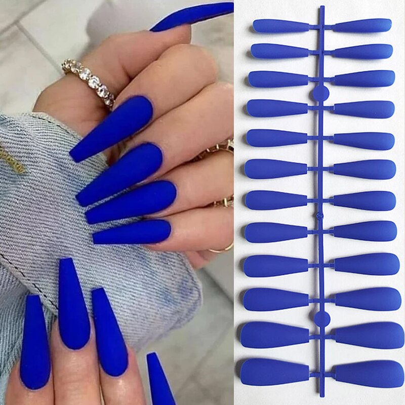 24Pcs/Sheet Matte Fake Nails Full Cover Ballet Fake Nail Elegant Solid Color Long Coffin False Nails Art Artificial Fingernails