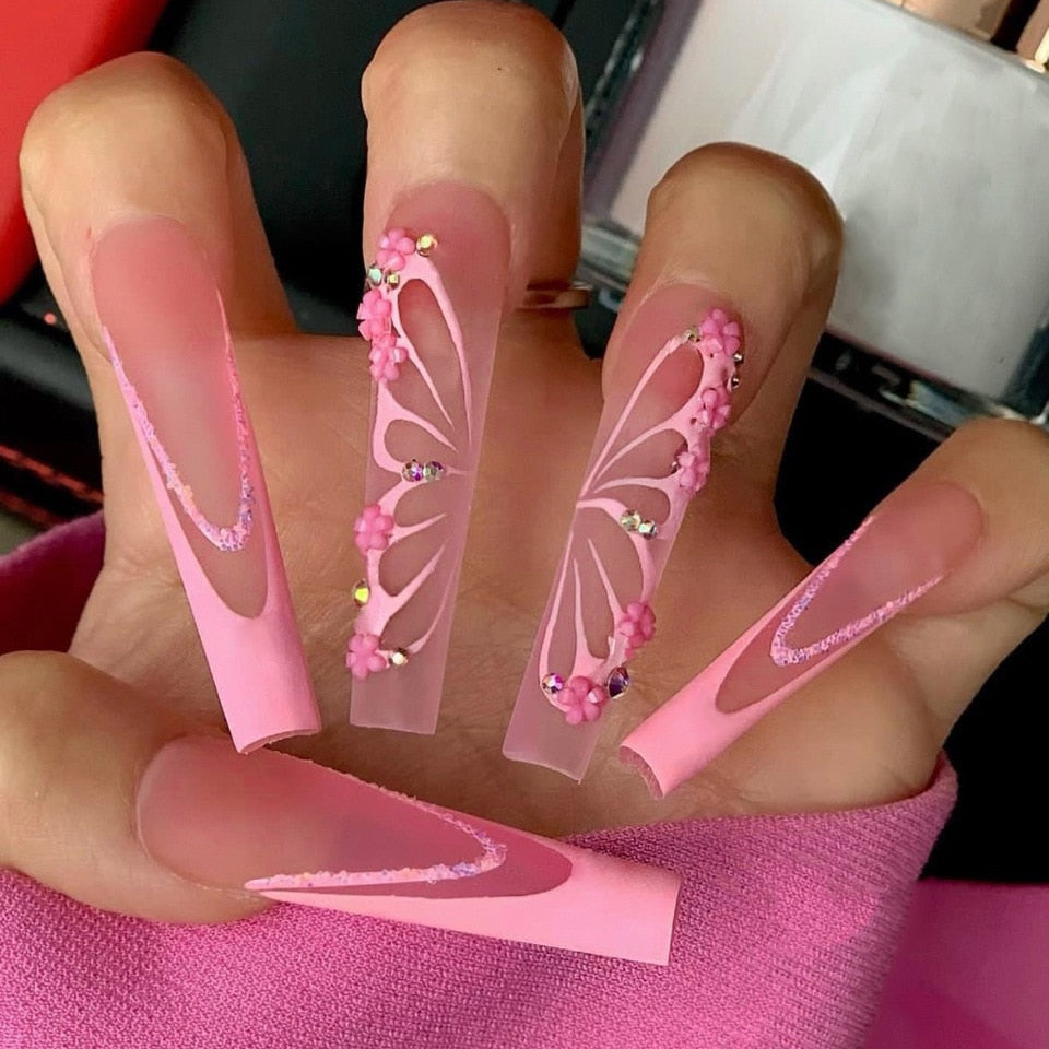 24pcs/box fake nails with Glue Detachable Long Ballerina False Nails With Design Wearable Fake Nails Full Cover