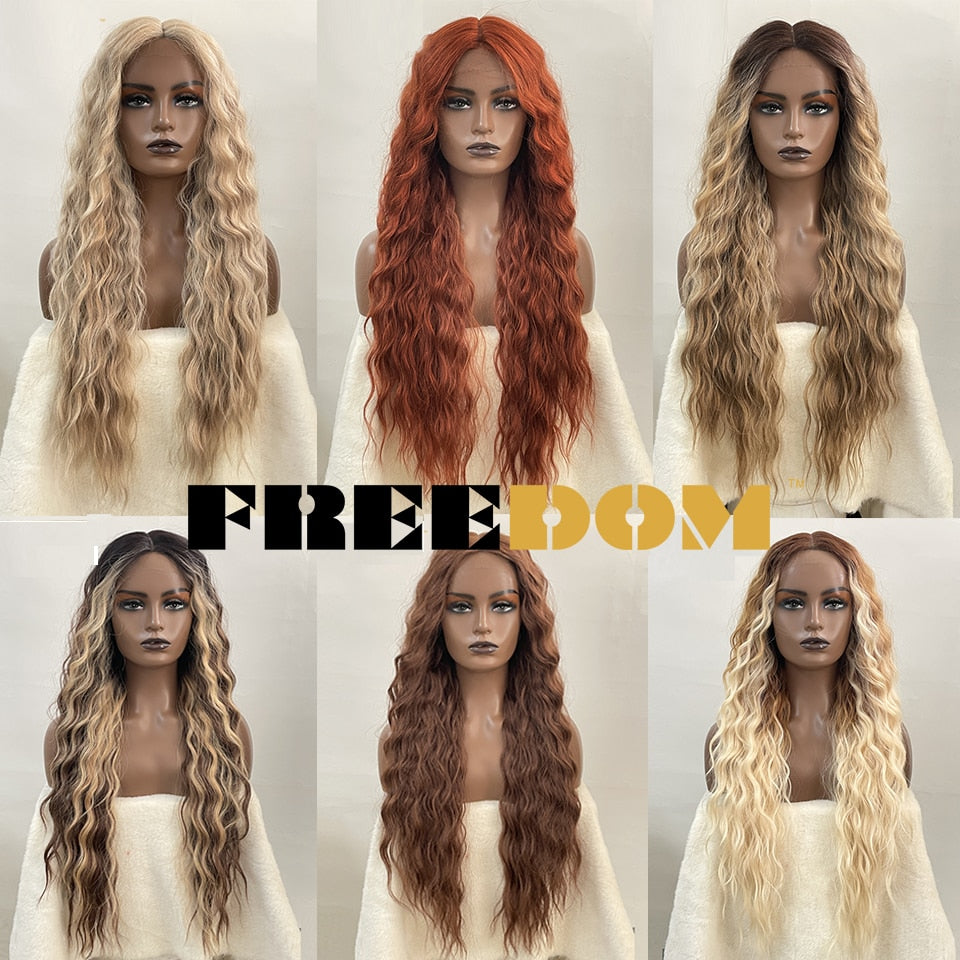 Synthetic Lace Wig Long Deep Wavy Ombre Blonde Ginger Lace Wigs For Black Women Heat Resistant Cosplay Wigs