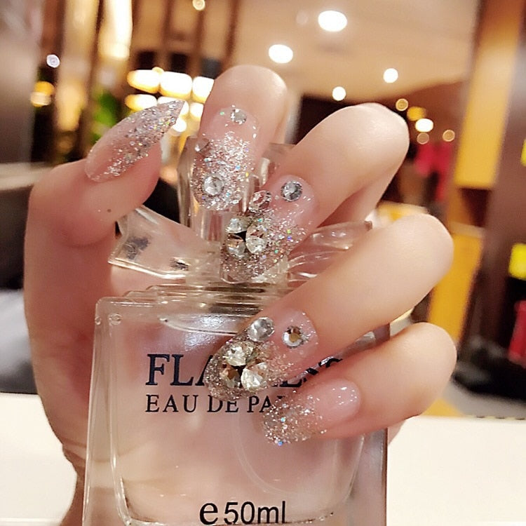 24Pcs/box Luxe Shining Rhinestone Wedding False Nails Transparent Glitter Gems Crown Designed Square Full Short nails Bride