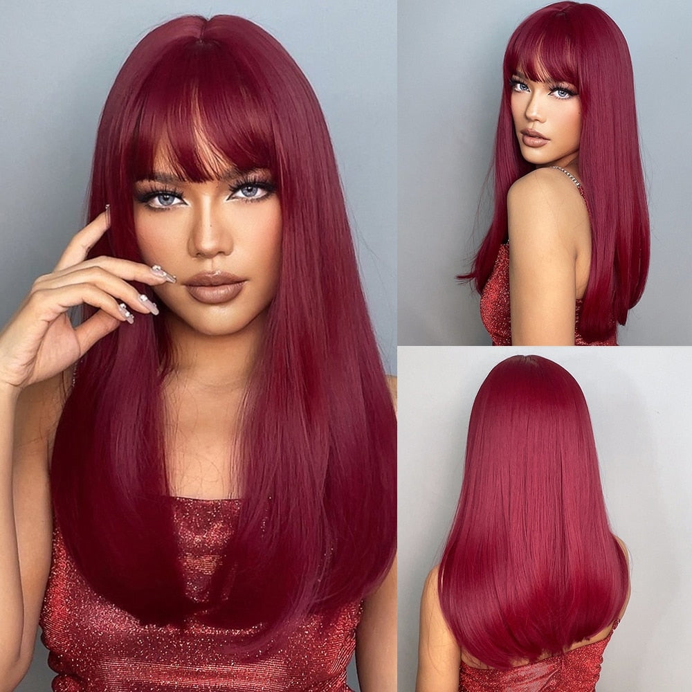 Light Wine Red Synthetic Wigs With Bangs for Women Long Straight Hair Wig Natural Cosplay Party Heat Resistant