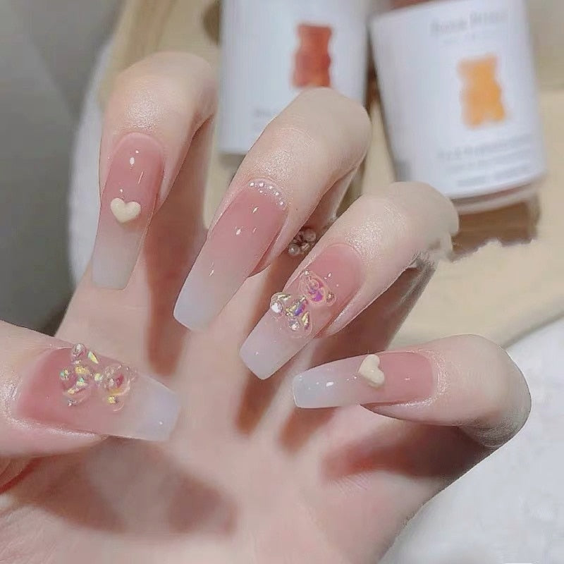 24pcs/box gradient French artifical nails with glue shiny star Fake Nails Lovely Girl korean press on nails ballerina False Nail