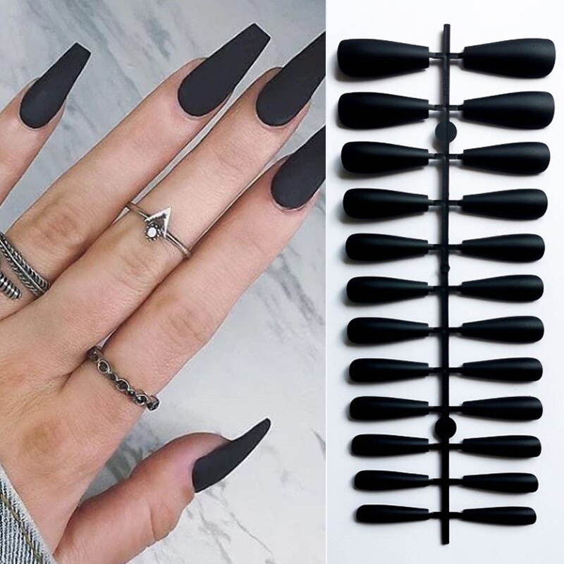 24Pcs/Sheet Matte Fake Nails Full Cover Ballet Fake Nail Elegant Solid Color Long Coffin False Nails Art Artificial Fingernails