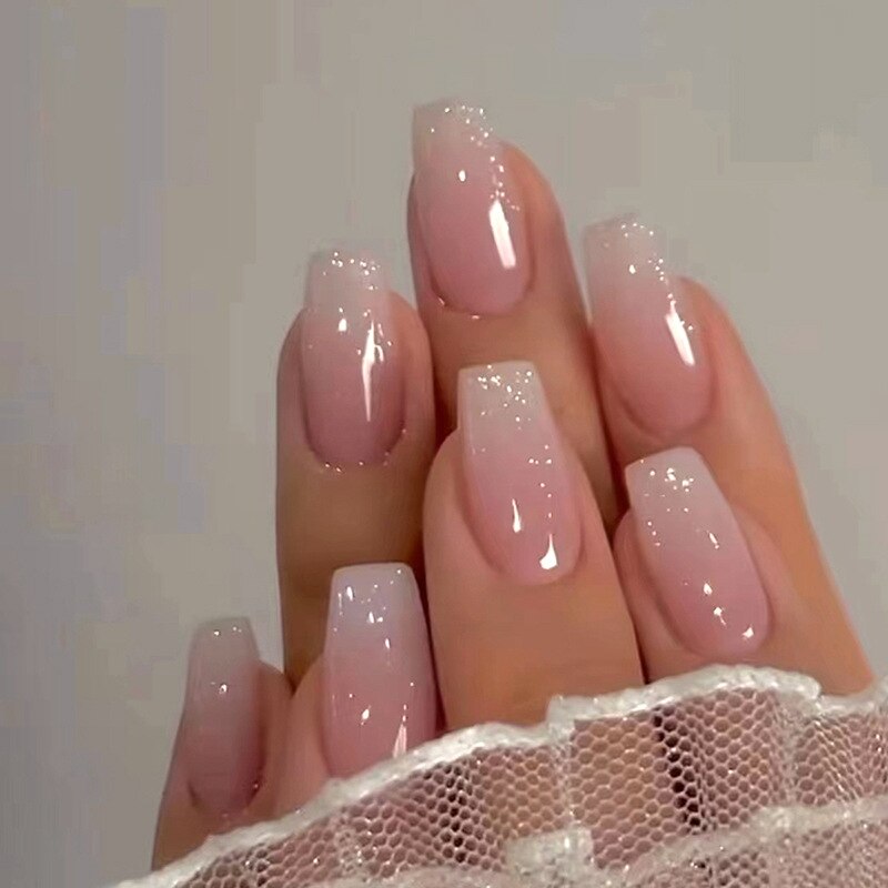 24pcs wearable french gradient pink white press on nails coffin ballet simple classic french artificial fake nails with glue