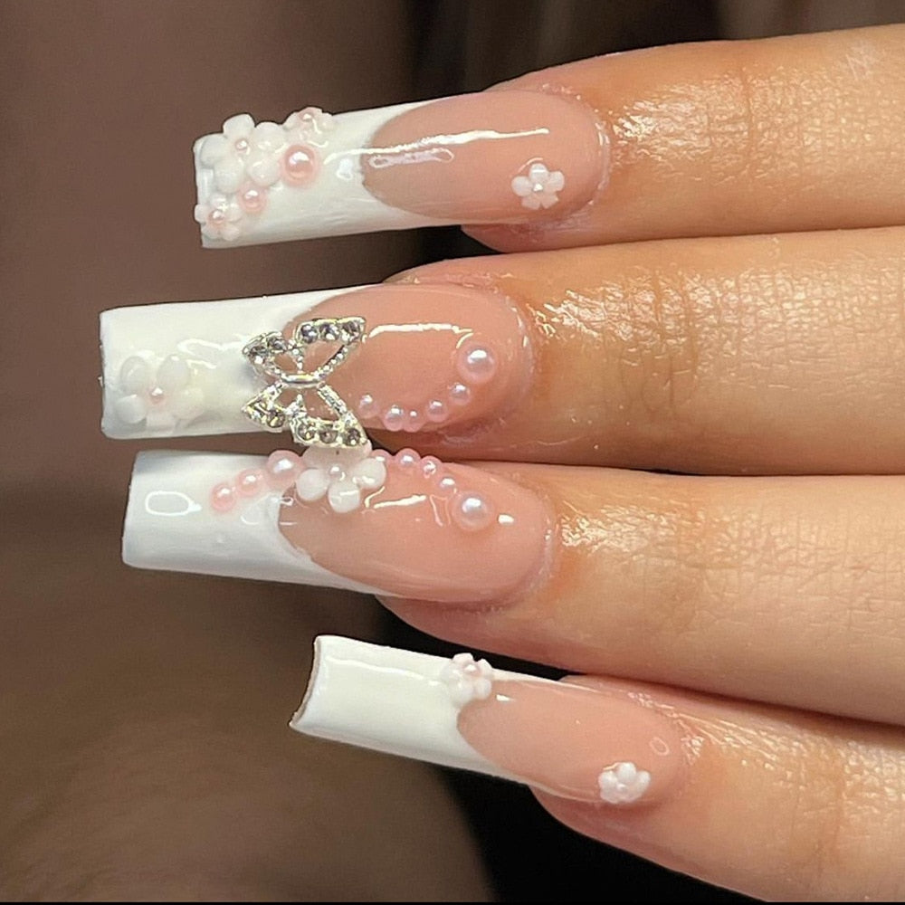 24Pcs Full Cover False Nails with Glue Long Square Coffin Fake Nails French Detachable Ballet Love Pattern Design Press on Nails