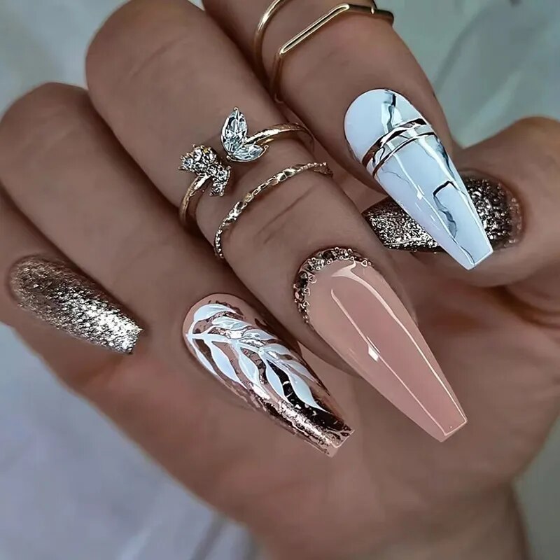 24Pcs Marble Gradient Long Coffin False Nails Detachable Wearable Gold Foil Ballerina Fake Nails Full Cover Nail Tips Press Glue