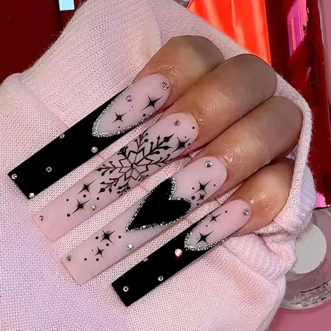 24Pcs Extra Long Ballet False Nails with Rhinestone Acrylic Square Head Fake Nails Heart-shaped Designs Wearable Press on Nails