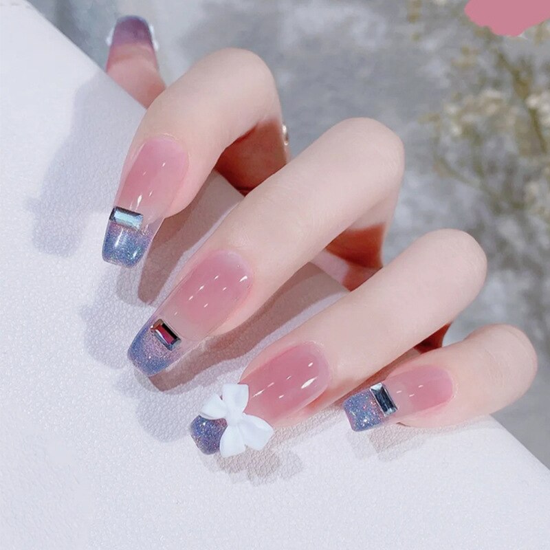 Fake Nails Sets Press on Ballet False Nails with Flower Designs Removable Acrylic Artificial Nails Glitter Nails Art Long Tips