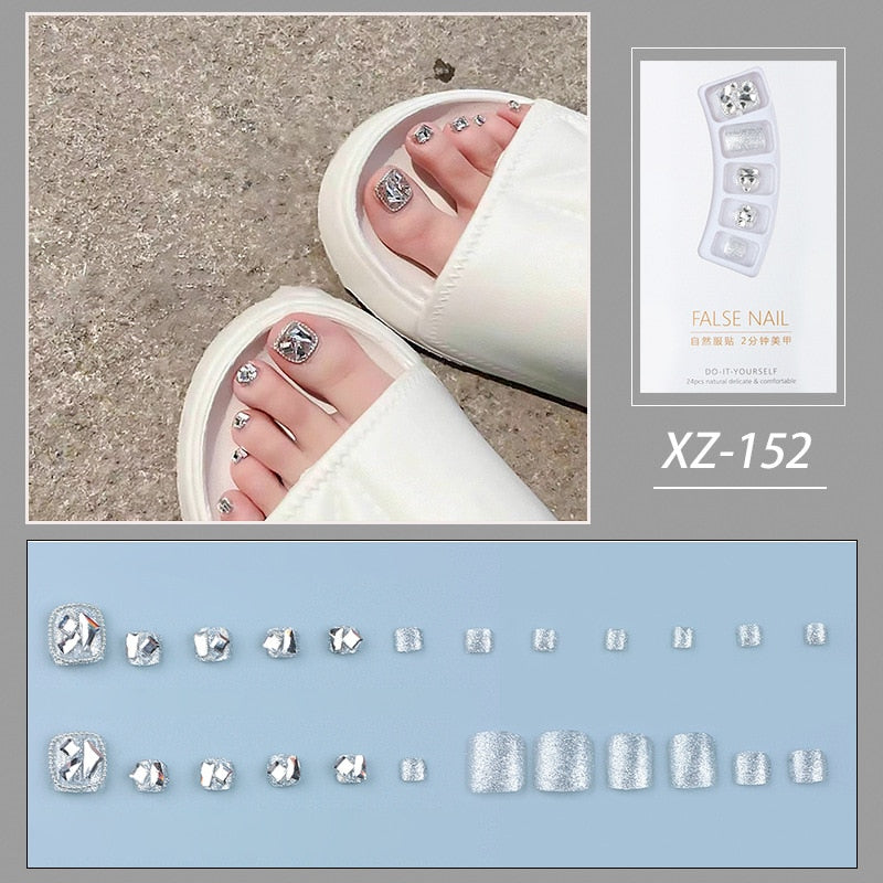 Gold Full Diamond Feet Nails Press On Fake Glitter Toe Nail Stickers Full Cover Toe Nail Tips False Foot Nails