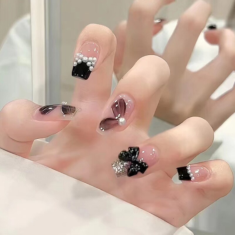 24Pcs Ballerina Long Square Nail Tips False Nails Wearable Fake Nails Butterfly Camellia Flower Pearl Design Press on Nails