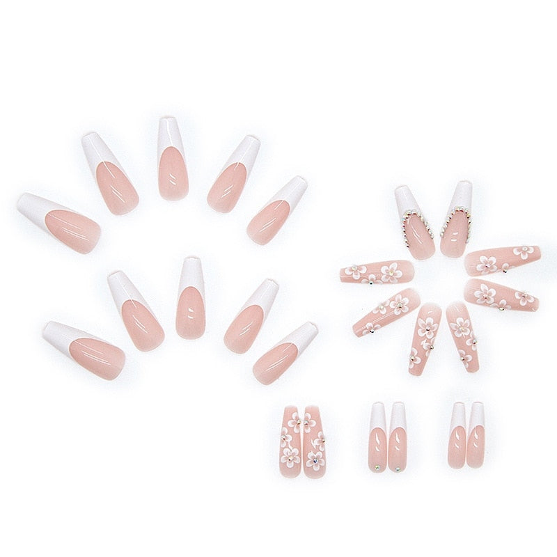 24pcs False Nails With Glue Flower Design Long Coffin French Ballerina Fake Nails Full Cover Acrylic Nail Tips Press On Nails