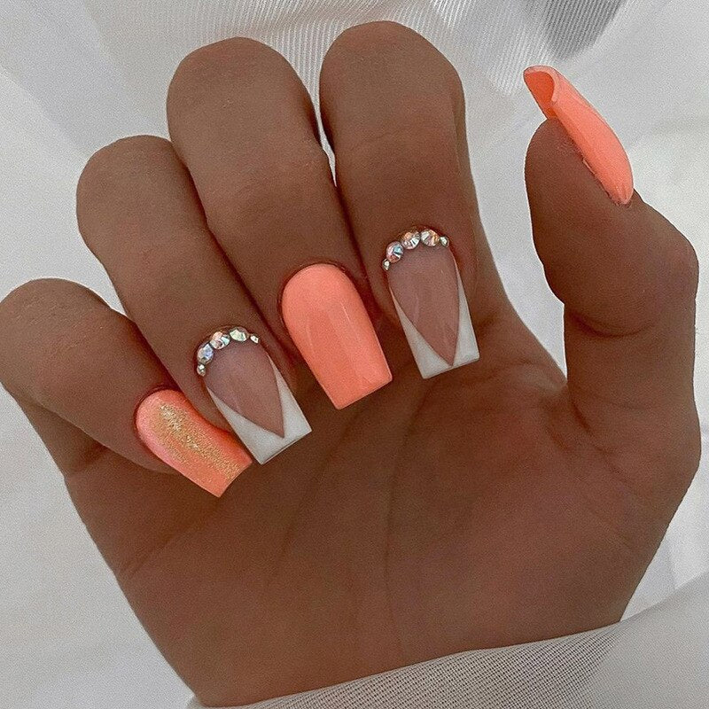 24Pcs Simple False Nails with White Edged Designs Long Ballerina Fake Nails Wearable Coffin French Nails Tips Press on Nails