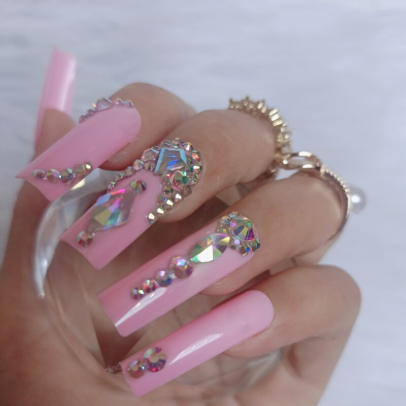 24pcs luxury jewelry wide head Crystal full of diamonds long ballet coffin fake nails deep pink