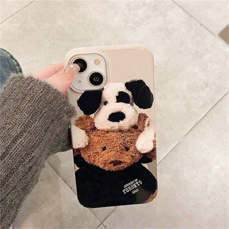 Korean Cute Bear Dog Couple Phone Case For iPhone 15 14 13 12 11 Pro Max Mini X XR 7 8 Plus SE 3 Glossy Shockproof Soft Cover