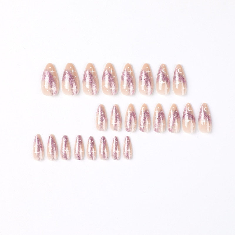 24pcs Stiletto False Nails Star Moon Flame Pattern Press on Nail Patch Full Finished Wearable Artificial Fake Nail Tips