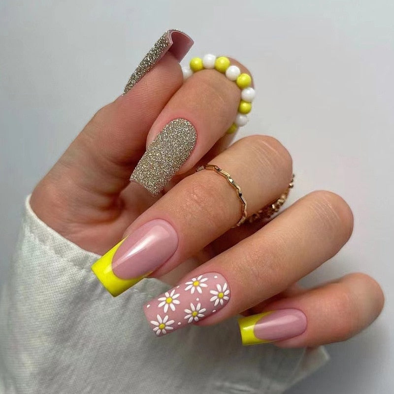 24pcs detachable Matte Pink Leopard Print Gold Line Press On Nails short coffin Blue-purple gradient French fake nails with glue