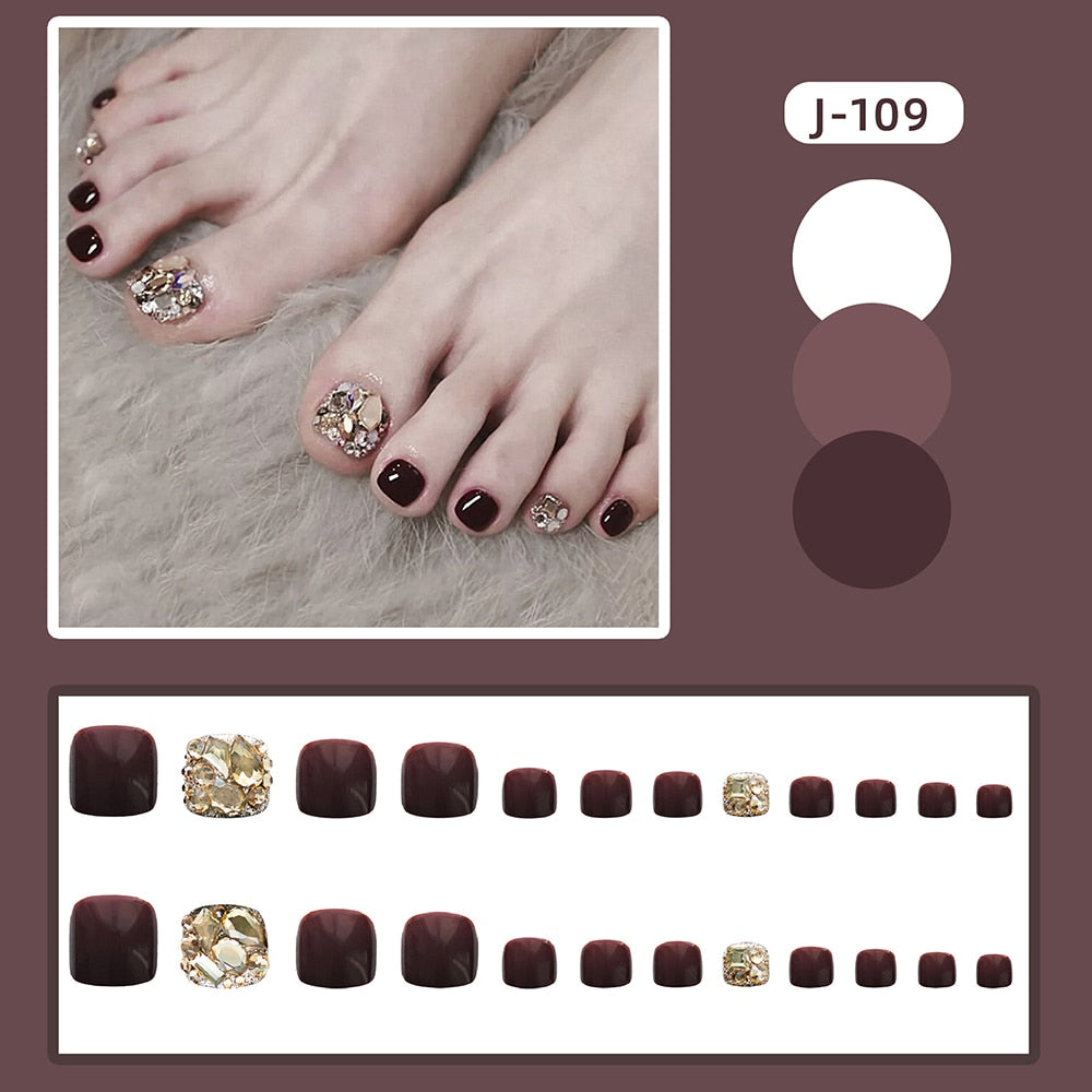 Gold Full Diamond Feet Nails Press On Fake Glitter Toe Nail Stickers Full Cover Toe Nail Tips False Foot Nails