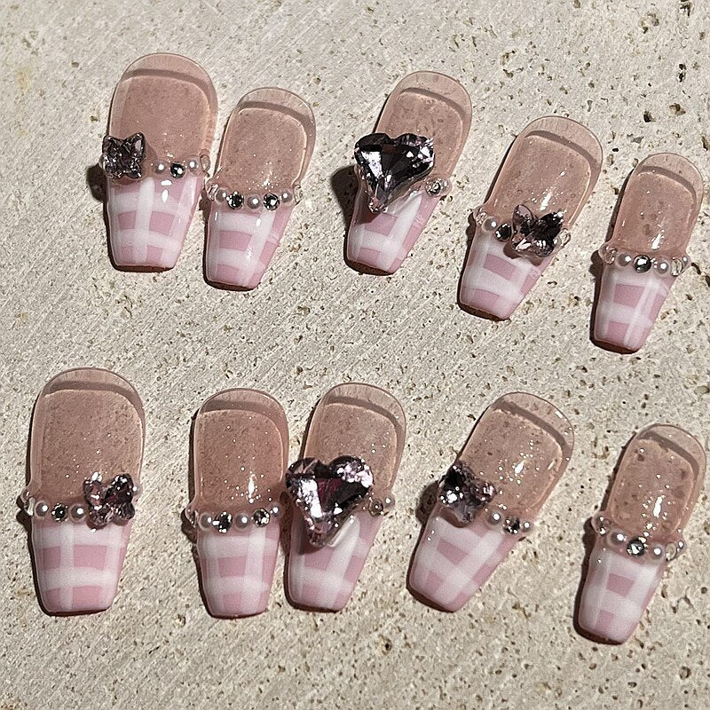 Handmade Luxury Short False Nails Art Glittery Rhinestone Press On Nail Y2K Reusable Full Cover Long Coffin Fake Nail With Glue