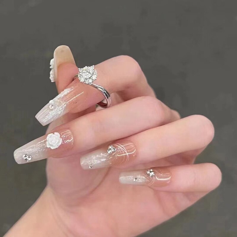 24Pcs 3D Three-dimensional Love Heart False Nails with French Design Long Coffin Wearable Fake Nails Rhinestone Press on Nails Tips