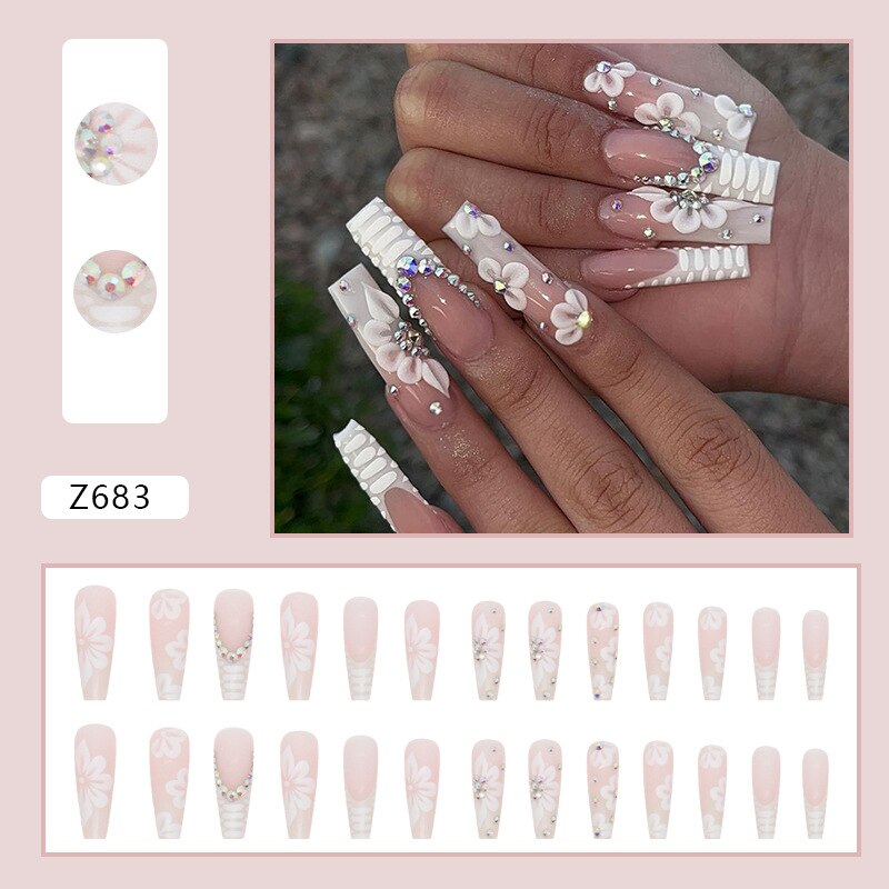 24Pcs Long Ballerina False Nails  Press on Nails Serpentine Flower with Rhinestones French Fake Nails Wearable White Nails Tips