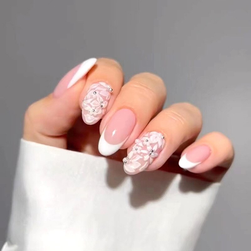 24Pcs Detachable Almond False Nails with Pearl Decoration Elegant Designs French Fake Nails Full Nail Art Tips Press On Nails