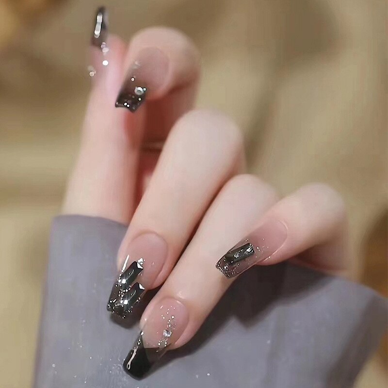 24pcs Wearable korean press on nails short ballet Artificial Nails with glue Cute sweet cool Pearl diamond Designs Fake Nails