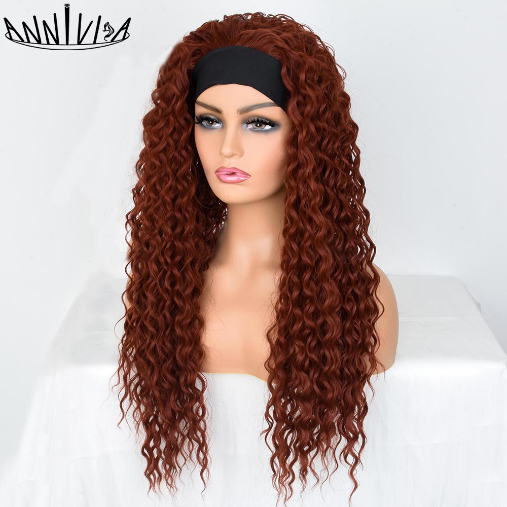 Long Curly Headband Wigs For Black Women 26Inch Water Wave Glueless Synthetic Hair Wigs For Daily Party Use