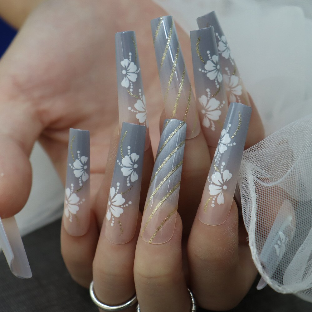 24pcs/box fake nails with Glue Detachable Long Ballerina False Nails With Design Wearable Fake Nails Full Cover