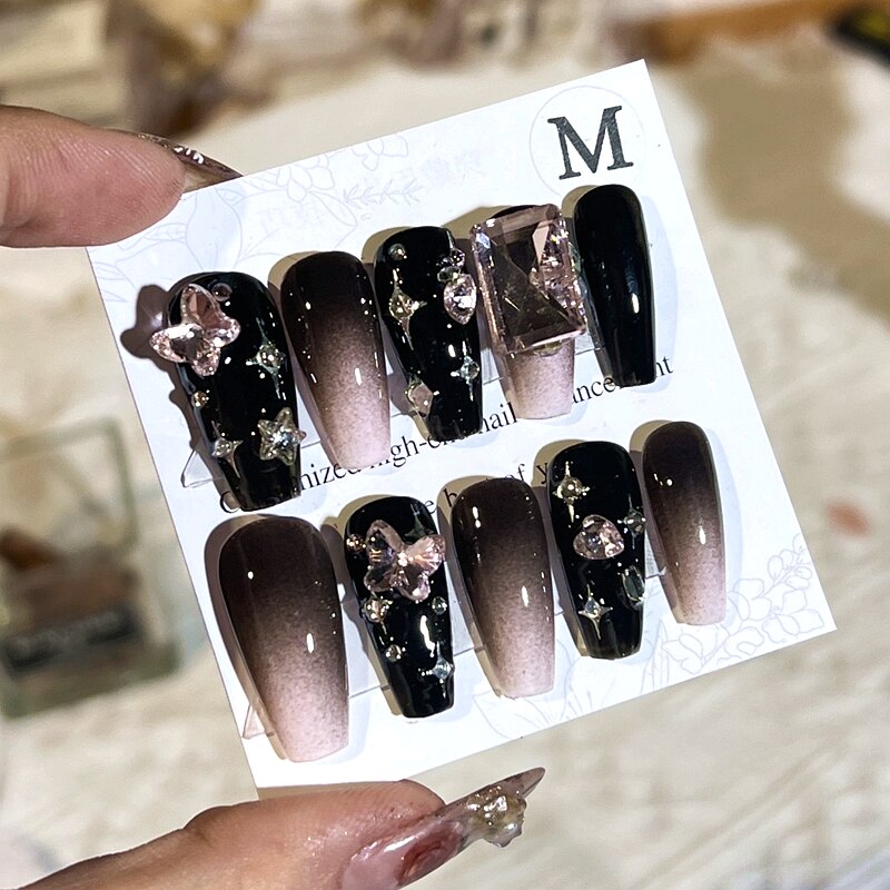 Handmade Mermaid Design Short False Nails Tips Luxury Flower Press On Nail Y2K Reusable Full Cover Coffin Fake Nail With Glue