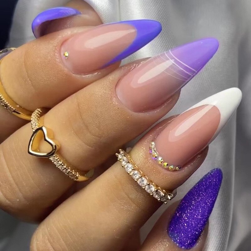 24Pcs Purple Y2K Press on Nails Star Diamond Designs Full Cover Fake Nails Long Coffin Acrylic False Nails