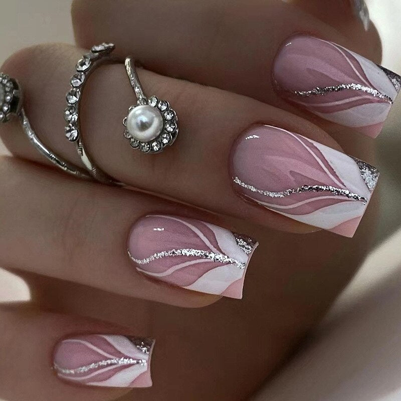 24Pcs Simple False Nails with White Edged Designs Long Ballerina Fake Nails Wearable Coffin French Nails Tips Press on Nails