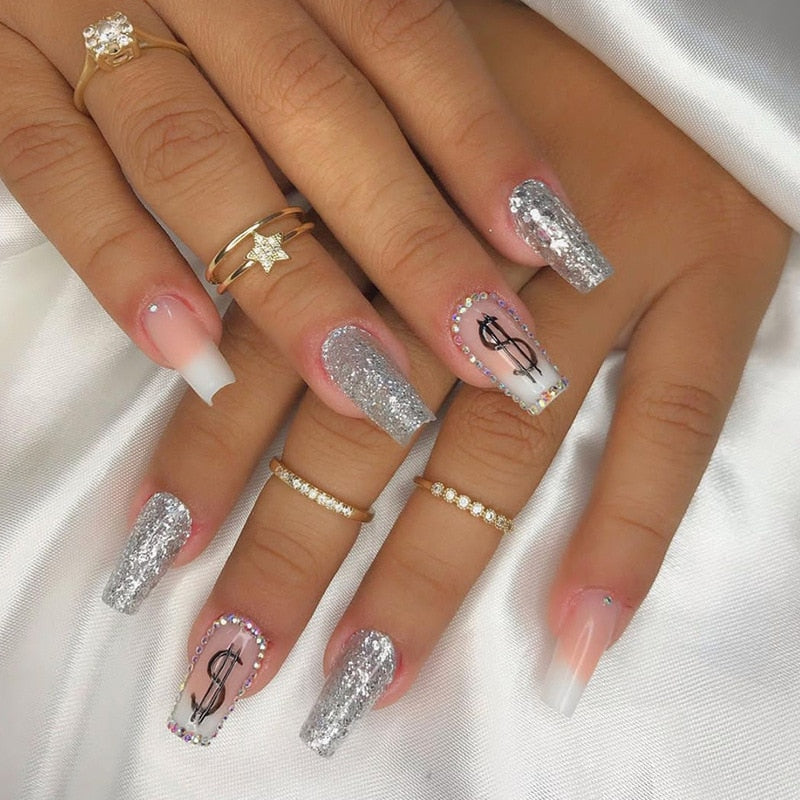 24Pcs White Long Coffin False Nails Glitter Ballet Wearable with French Design Fake nails Full Press on Nail Ins Nail Tips Art