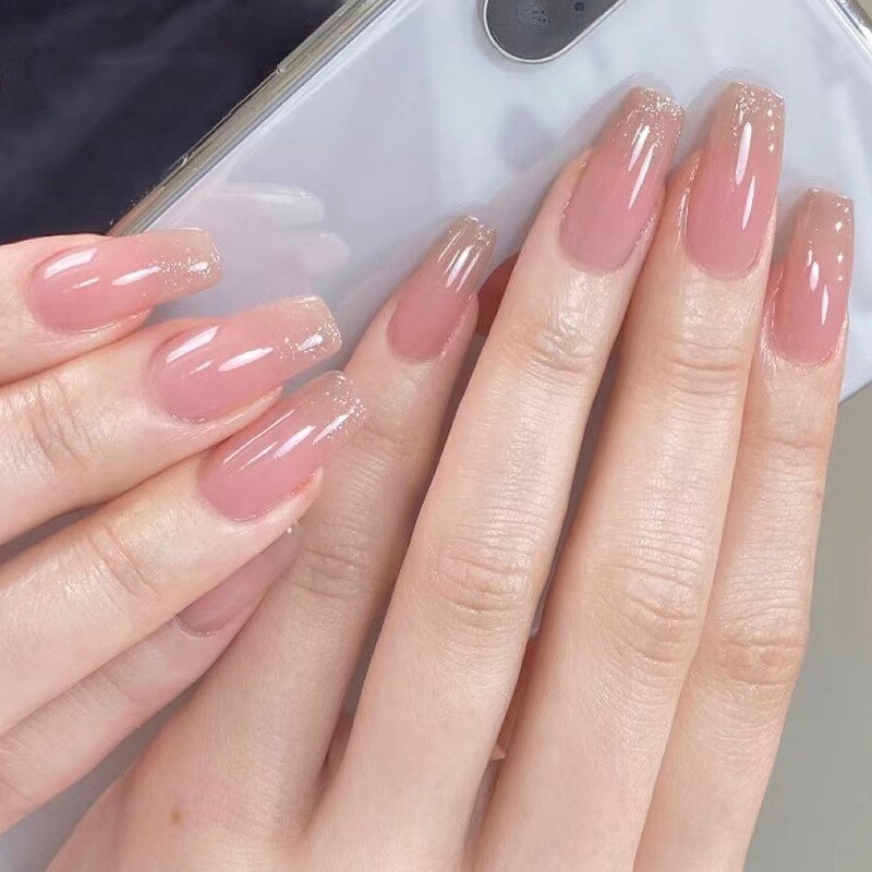 24pcs Long gradient nude false nail with glue simple artifical press on nails acrylic nails natural stick on nails set