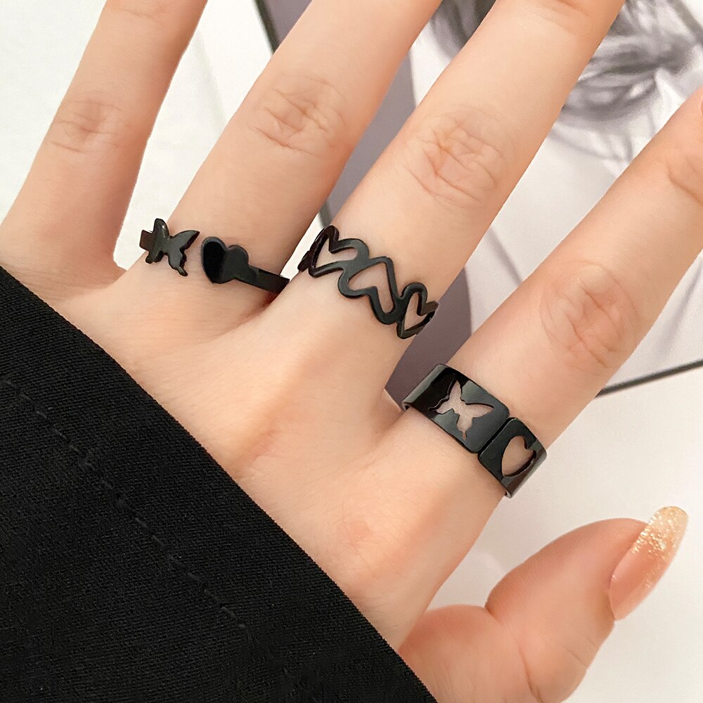 22pcs Heart Black Rings Set For Women Vintage Geometric Cross Pearl Butterfly Finger Rings Women Party Jewelry