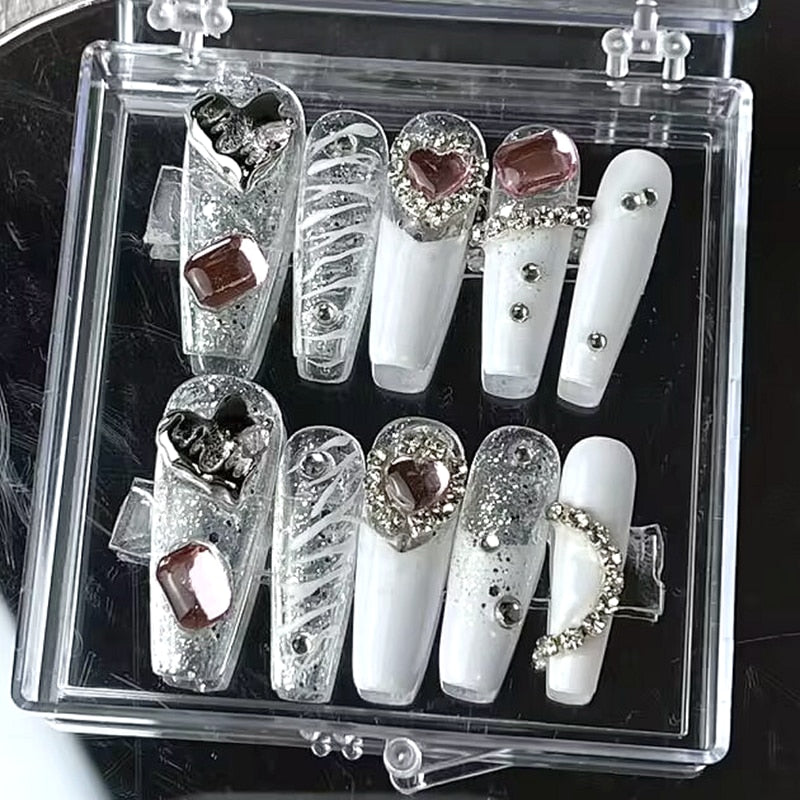 Handmade Y2K Punk Style Long Coffin False Nails Tips Glitter Rhinestone Press On Nails Reusable Short Fake Nail With Glue Gift