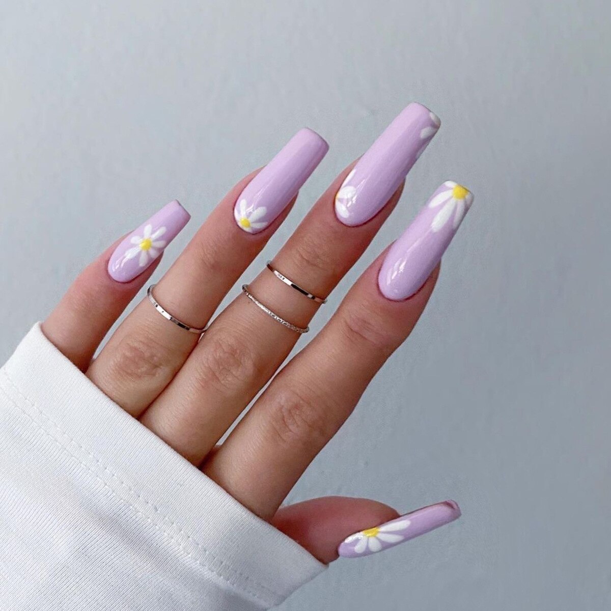 24Pcs Purple Gradient Long Ballet False Nails Flower Design with Glue French Fake Nails Wearable Coffin Press on Nails Tips