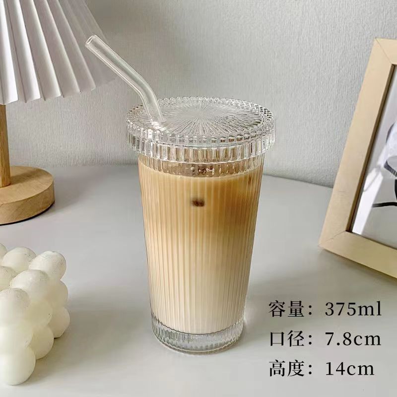 375Ml Stripe Glass Cup with Lid Straw Japanese Style Drinking Chic Mugs Milk Coffee Drinkware Tea Gifts whiskey Glasses