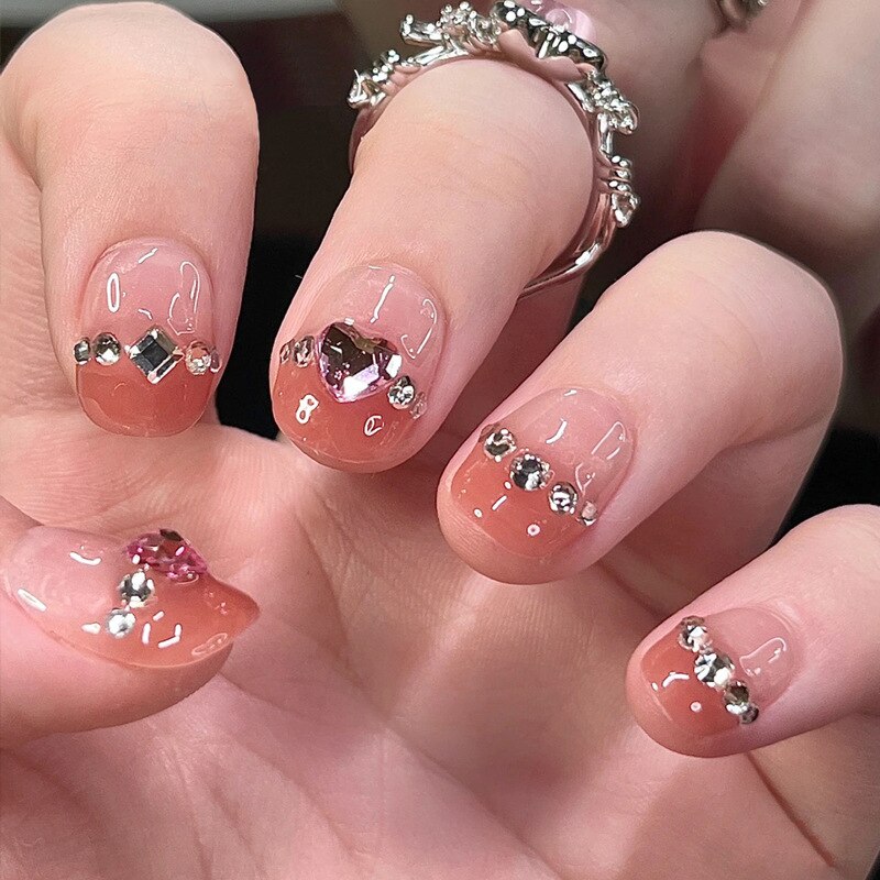 24pcs removeable short fake nails with glue Nude Pink artificial false nails with diamond designs acrylic press on nails