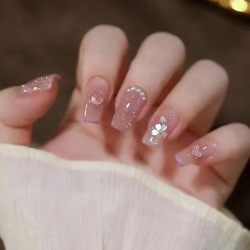 24pcs Wearable korean press on nails short ballet Artificial Nails with glue Cute sweet cool Pearl diamond Designs Fake Nails