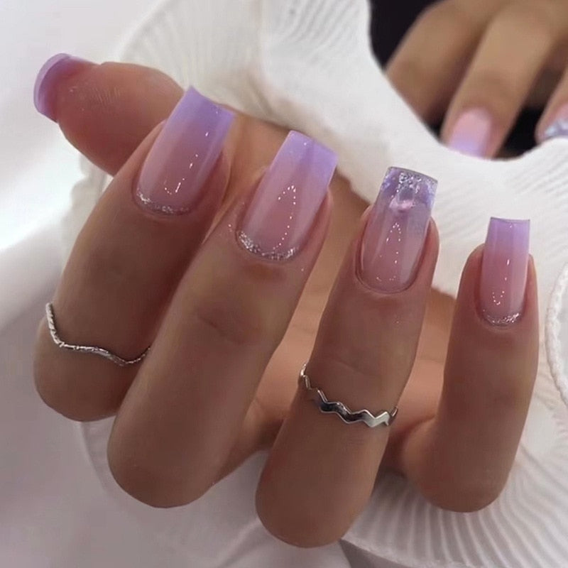 24Pcs Purple Y2K Press on Nails Star Diamond Designs Full Cover Fake Nails Long Coffin Acrylic False Nails