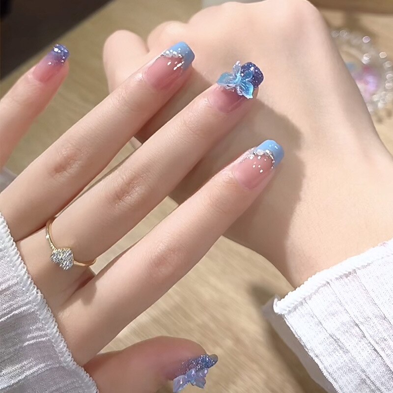 24Pcs Ballerina False Nails Star and Moon Press on Nails Blue with Glue Wearable Fake Nails Glitter Full Cover Nail Tips Art