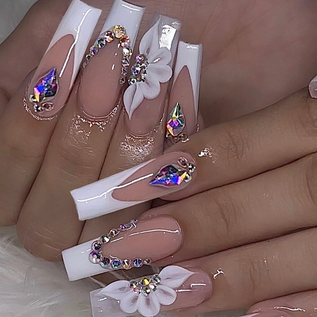 24Pcs Extra Long Ballet False Nails with Rhinestone Acrylic Square Head Fake Nails Heart-shaped Designs Wearable Press on Nails