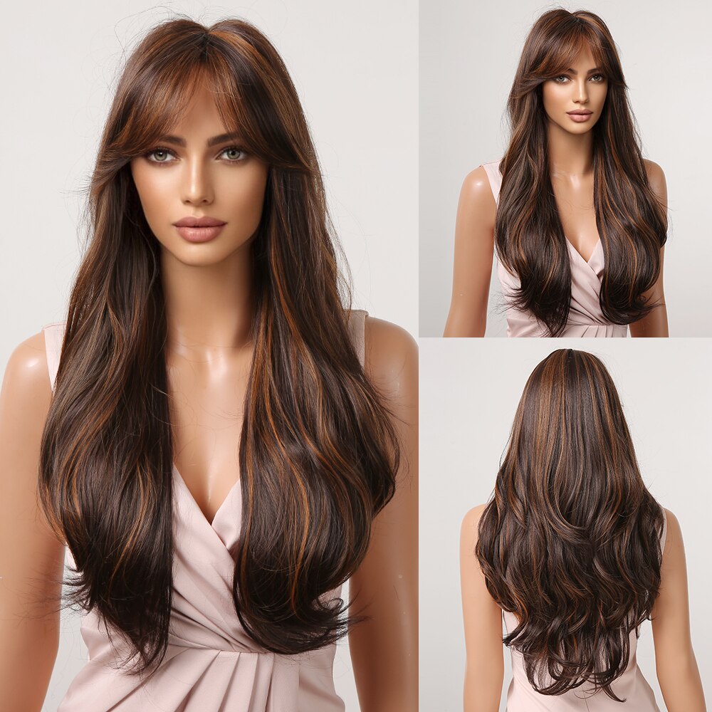 Brown Mixed Blonde Synthetic Wigs with Bang Long Natural Wavy Hair Wig for Women Daily Cosplay Use Heat Resistant