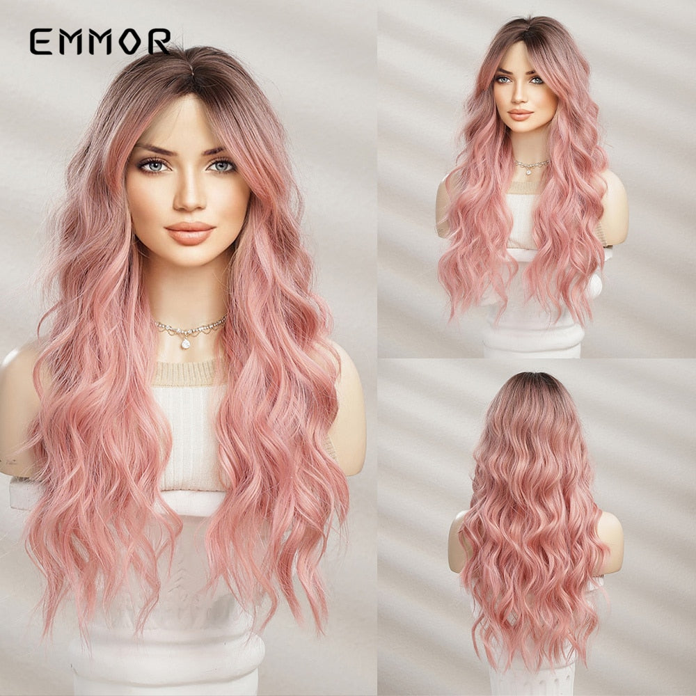 Synthetic Long Wavy Wigs with Bangs for Women Cosplay Natural Ombre Black to Pink Hair Wig High Temperature Fiber