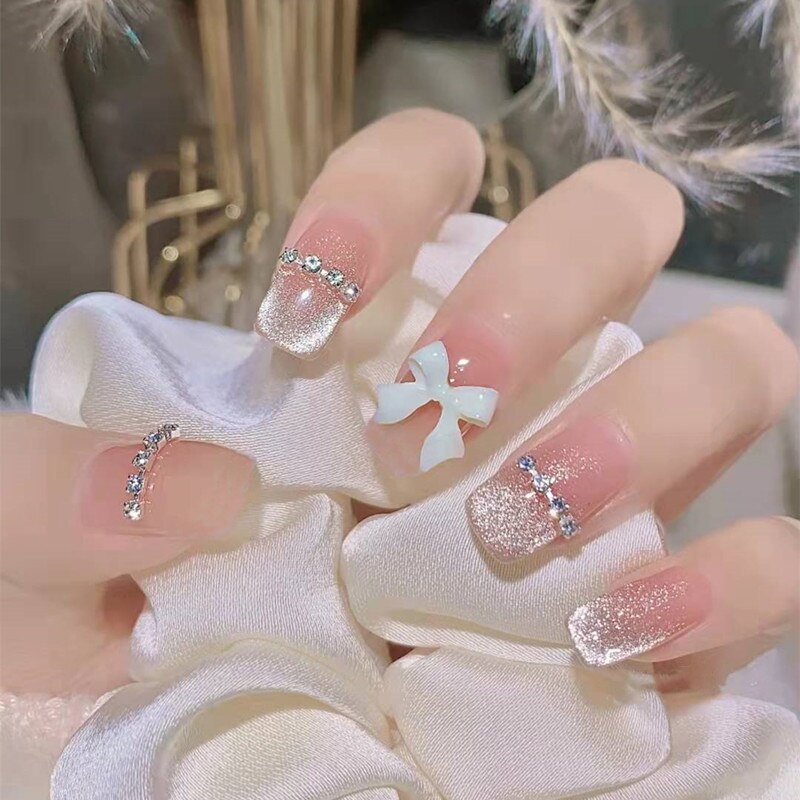 24pcs removeable short fake nails with glue Nude Pink artificial false nails with diamond designs acrylic press on nails