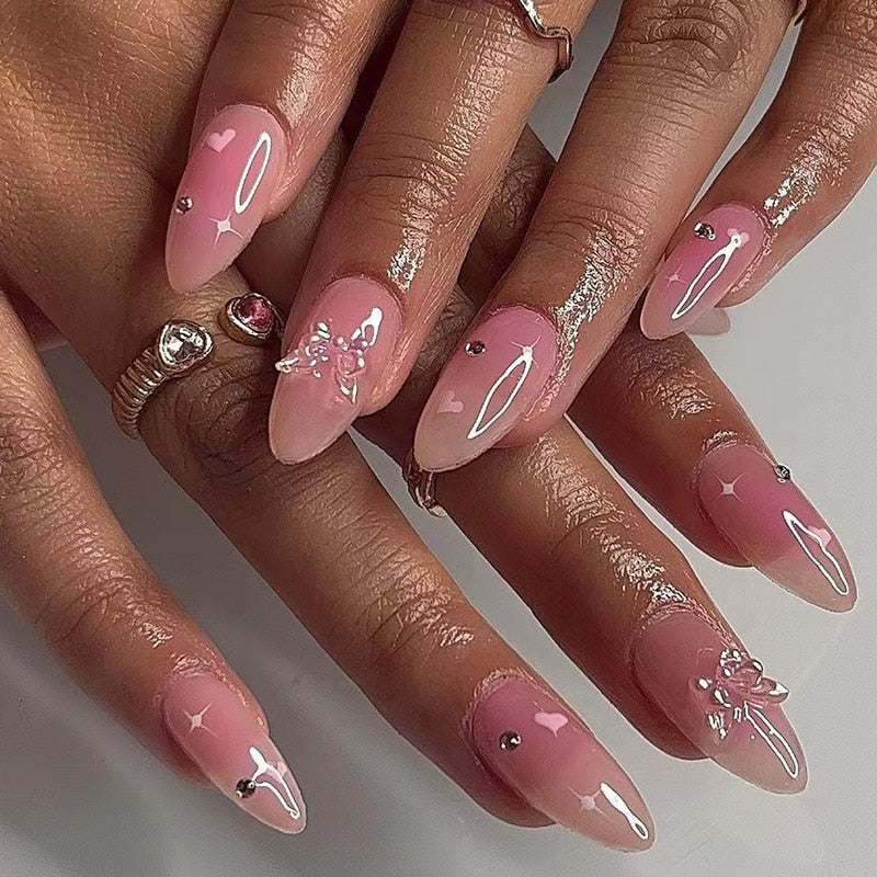 24Pcs Pink Round Head Almond Fake Nails with Heart Shape Rhinestone Wearable Ballerina False Nail Tips Full Cover Press on Nail