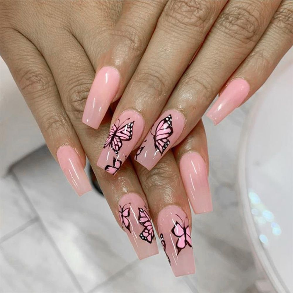 Lilac gradient Butterfly Pattern Fake Nails Full cover False Nails Extra Long Ballerina Coffin Nails Manicure Nail Art