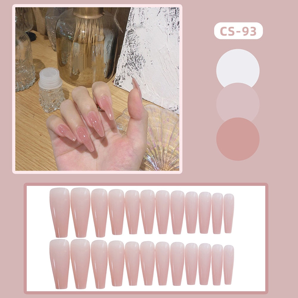 24PCS Long Coffin False Nail Light Pink Ballet Girl Press on Nails Manicure Fingernail Sticker Wearable Fake Nails for Woman