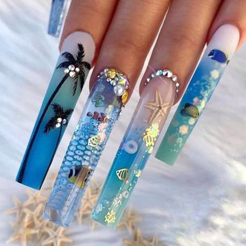 24Pcs Gradient Long Ballet False Nails Butterfly Designs Fake Nails with Rhinestone Wearable Coffin Nail Tip Press on Nails