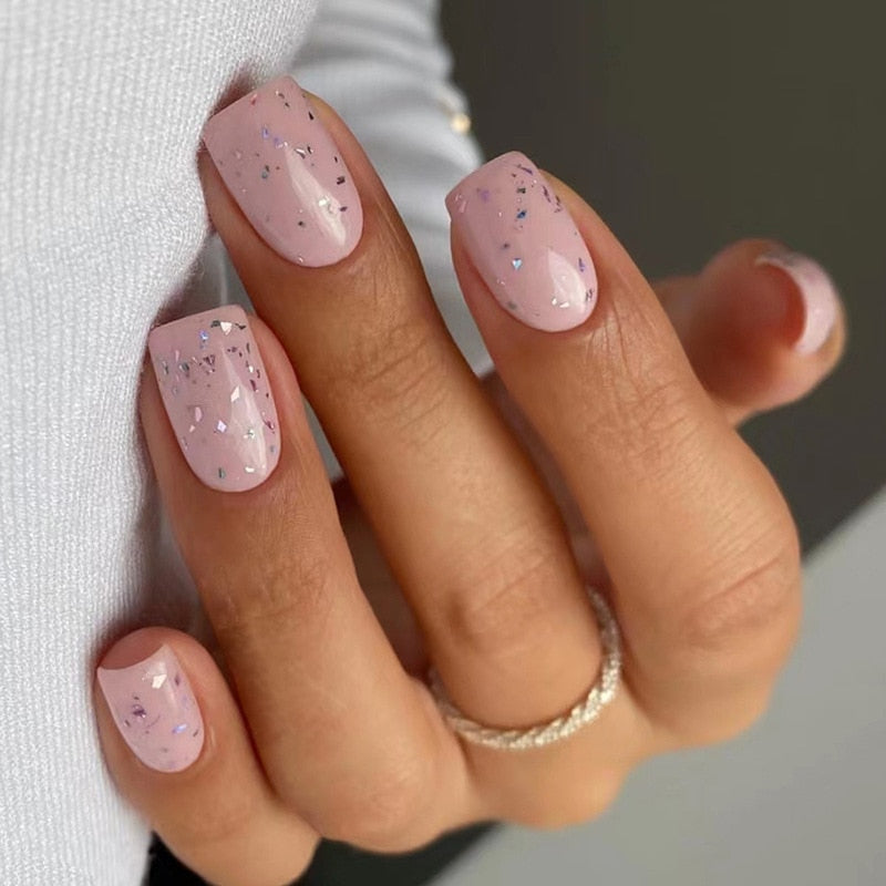 24pcs False Nail Full Cover Fake Nail Elegant Pink Gradient Glitter French Short Nails Coffin Short False Nail Press On Nails